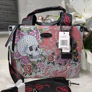 Ed Hardy Tote / Crossbody Bag Denim Sparkling Skull Flowers Brand new